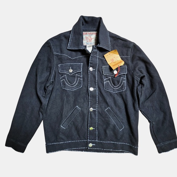 True Religion Jimmy Super T Trucker Denim Jean Jacket M Contrast Stitch Edgy NWT